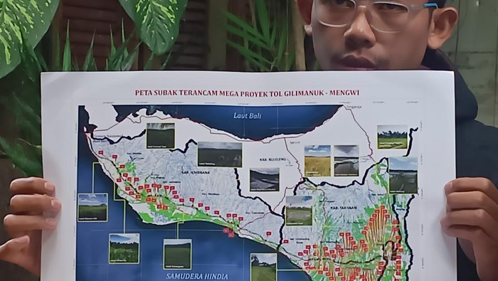 Frontier Bali membeber peta proyek Tol Mengwi-Gilimanuk dan lahan yang terdampak di Kubu Kopi, Denpasar, Senin (31/10/2022).
