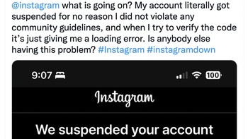 Apa yang terjadi Instagram, tanya netizen ini. Akunku kena suspend tanpa alasan, aku tidak melannggar panduan komunitas apapun, tulisnya. Foto: Twitter