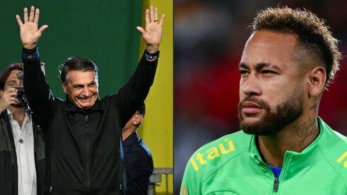 (COMBO) This combination of file pictures created on September 30, 2022, shows Brazilian President and re-election candidate Jair Bolsonaro (L) greeting supporters during a rally in Santos on September 27, 2022, and Brazils forward Neymar (R) standing before the start of a friendly football match in Paris on September 27, 2022. - Brazilian forward Neymar posted on September 29, 2022, a video on TikTok of himself dancing to a pro-Bolsonaro campaign song as the country entered the final stretch of the presidential campaign, a high voltage electoral duel between archrivals Jair Bolsonaro and Luiz Inácio Lula da Silva. (Photo by NELSON ALMEIDA and Anne-Christine POUJOULAT / AFP) (Photo by NELSON ALMEIDA,ANNE-CHRISTINE POUJOULAT/AFP via Getty Images)