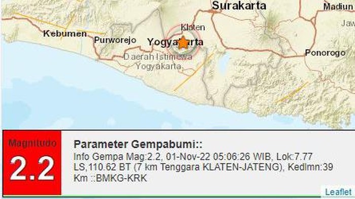 Gempa darat M 2,2 goyang Klaten, Selasa (1/11/2022) pukul 05.06 WIB.