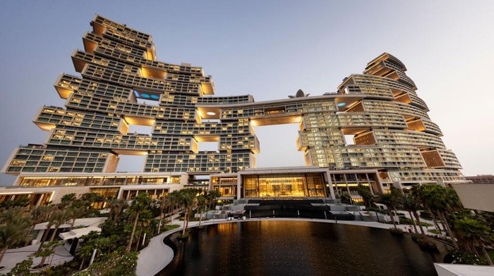 DUBAI, UNITED ARAB EMIRATES - UNSPECIFIED:  In this image released on October 31,2022, A general view of the Atlantis The Royal hotel at sunset in Dubai, United Arab Emirates. (Photo by Francois Nel/Getty Images for Atlantis Dubai)