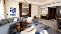 Penampakan suite khas di hotel Atlantis The Roya, menampilkan interior oleh GA Design. Hotel ini didesain oleh Kohn Pedersen Fox Associates.