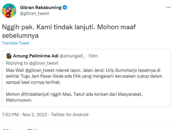 Gibran Rakabuming respons aduan besi cor di area Tugu Jam Pasar Gede Solo