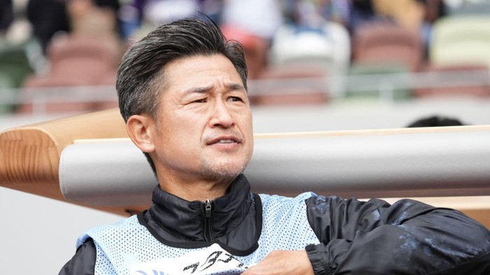 TOKYO, JAPAN - OCTOBER 09: Kazuyoshi Miura of Suzuka Point Getters looks on prior to the JFL match between Criacao Shinjuku and Suzuka Point Getters at the National Stadium on October 09, 2022 in Tokyo, Japan. (Photo by Hiroki Watanabe/Getty Images)