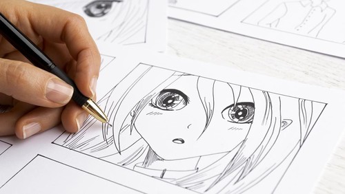 The artist draws anime comics on paper. Storyboard for the cartoon. The illustrator creates sketches for the book.