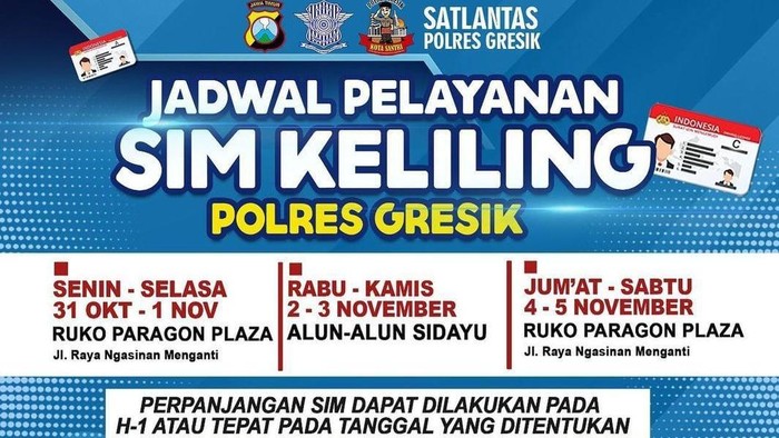 Jadwal SIM Keliling Gresik hingga 5 November 2022