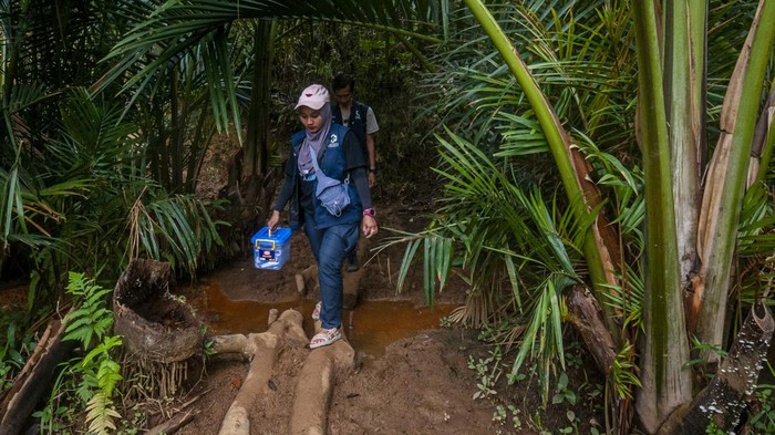Bidan melintasi jalan perkebunan saat menuju permukiman Suku Badui di Kampung Pamoean.