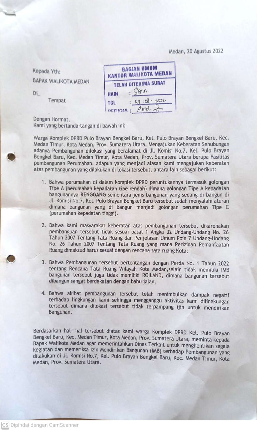 Surat keberatan warga yang dikirimkan ke Wali Kota Medan Bobby Nasution.