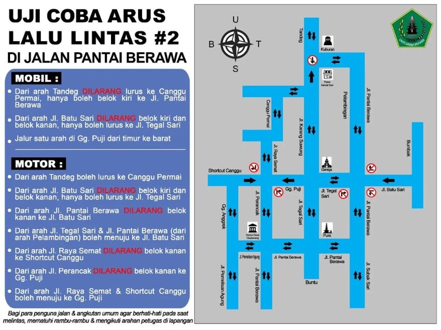 Uji coba pengalihan arus kendaraan di Desa Tibubeneng, Kecamatan Kuta Utara, Kabupaten Badung, Bali kembali dilakukan hari ini, Jumat (4/11/2022). Uji coba kedua tersebut kini mengerucut menjadi 3 titik kemacetan.