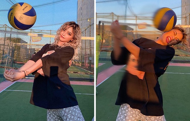 Beginilah ekspektasi vs realita dari pose cantik aesthetic saat menangkap bola. Realitanya bikin netizen ngakak sekaligus kasihan. Foto: Dok. Instagram @ viennadoll_official