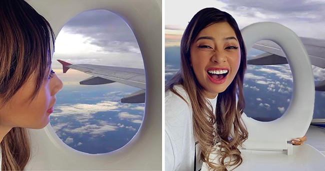 Ekspektasi foto cantik di pesawat dengan memandang awan dari jendela. Realita cuma pose pakai lukisan gambar awan dengan properti dudukan toilet. Foto: Dok. Instagram @ viennadoll_official