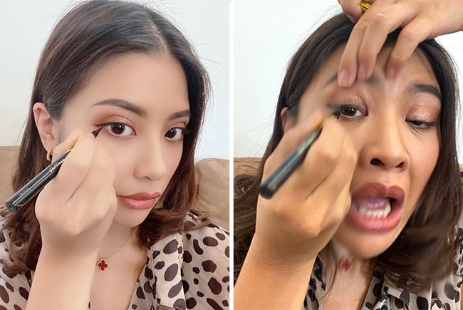 Kerap melihat unggahan wanita berpose memakai eyeliner? Terlihat cantik ya di foto. Realitanya saat menggunakan eyeliner seperti foto Viennadoll di sebelah kanan. Foto: Dok. Instagram @ viennadoll_official