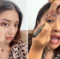 Kerap melihat unggahan wanita berpose memakai eyeliner? Terlihat cantik ya di foto. Realitanya saat menggunakan eyeliner seperti foto Viennadoll di sebelah kanan. Foto: Dok. Instagram @ viennadoll_official