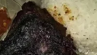 Bentuknya yang aneh membuat tamu yang datang ke acara ini kebingungan. Sepotong paha ayam berwarna sangat hitam jadi menu nasi berkat yang tak menggugah selera. Foto: 1cak.com