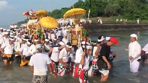 Iring-iringan Ida Bhatara saat upacara melasti harus melewati aliran Sungai Betel setinggi paha orang dewasa, Sabtu (5/11/2022).