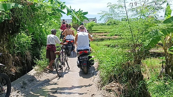 Jalur di pematang sawah kawasan Canggu yang berbatasan dengan Umalas, Desa Kerobokan, Kecamatan Kuta Utara, Kabupaten Badung, Bali digunakan oleh para pengendara motor baik lokal maupun asing. Foto: Triwidiyanti
