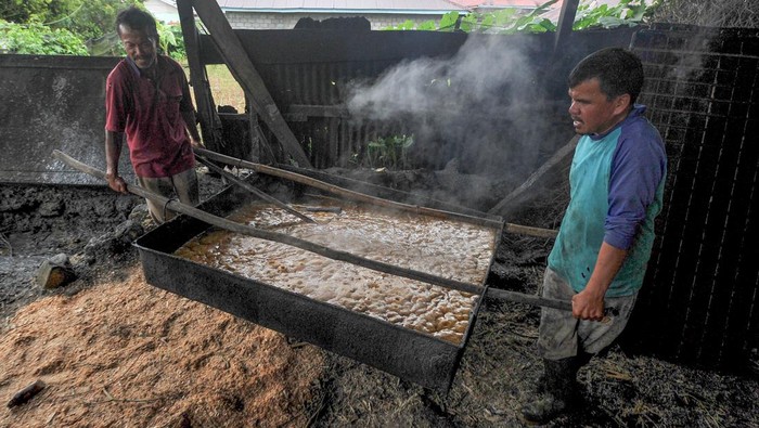 Melihat Proses Pembuatan Gula Tebu di Kerinci Warga mengangkat gula tebu cair sebelum proses cetak pembuatan gula tebu tradisional di Desa Lindung Jaya, Kayu Aro, Kerinci, Jambi, Jumat (4/11/2022). Dalam sepuluh tahun terakhir, sekitar 76 persen pelaku usaha pembuatan gula tebu yang sekaligus merupakan petani tebu di desa itu atau sekitar 23 keluarga dari 30 keluarga telah beralih usaha menjadi petani sayur karena tanaman sayur dinilai lebih ekonomis dan lebih mudah dikerjakan. ANTARA FOTO/Wahdi Septiawan/wsj.