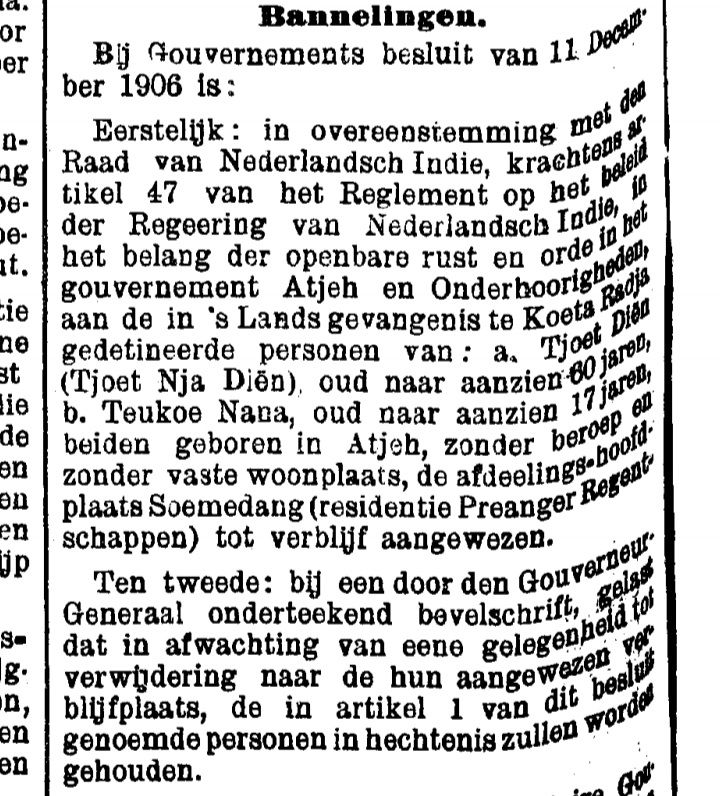 Penggalan surat kabar Het Nieuws Van Den Dag - Voor Nederlandsch Indie yang terbit Kamis (13 Desember 1906)