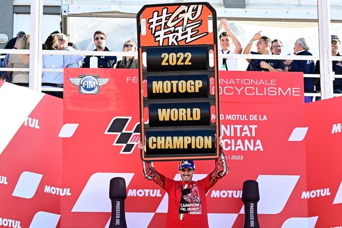 Ducati Italian rider Francesco Bagnaia celebrates as he won the World Championships title after the Valencia MotoGP Grand Prix race at the Ricardo Tormo racetrack in Cheste, near Valencia, on November 6, 2022. (Photo by JAVIER SORIANO / AFP) (Photo by JAVIER SORIANO/AFP via Getty Images)