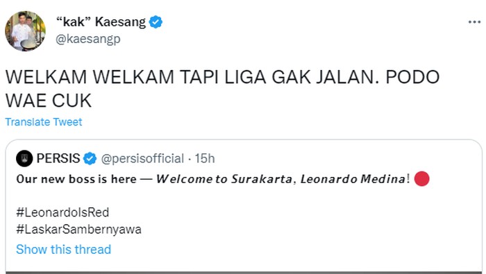 Direktur Utama Persis Solo Kaesang Pangarep mengomentari bergabungnya Leonardo Medina sebagai pelatih utama