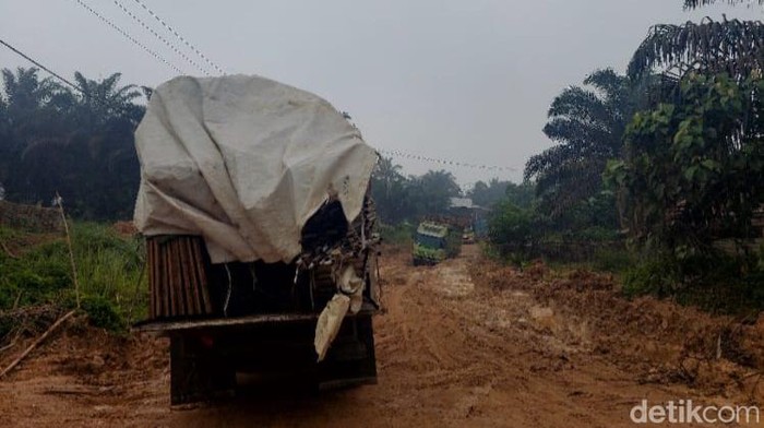 Jalan rusak di Indragiri Hilir, Riau.