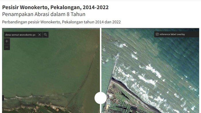 Perbandingan pesisir wilayah Kecamatan Wonokerto, Kabupaten Pekalongan sejak 20 Februari 2014 hingga 16 Maret 2022, dilihat dari situs Living Atlas. Perbandingan pesisir wilayah Kecamatan Wonokerto, Kabupaten Pekalongan sejak 20 Februari 2014 hingga 16 Maret 2022, dilihat dari situs Living Atlas.