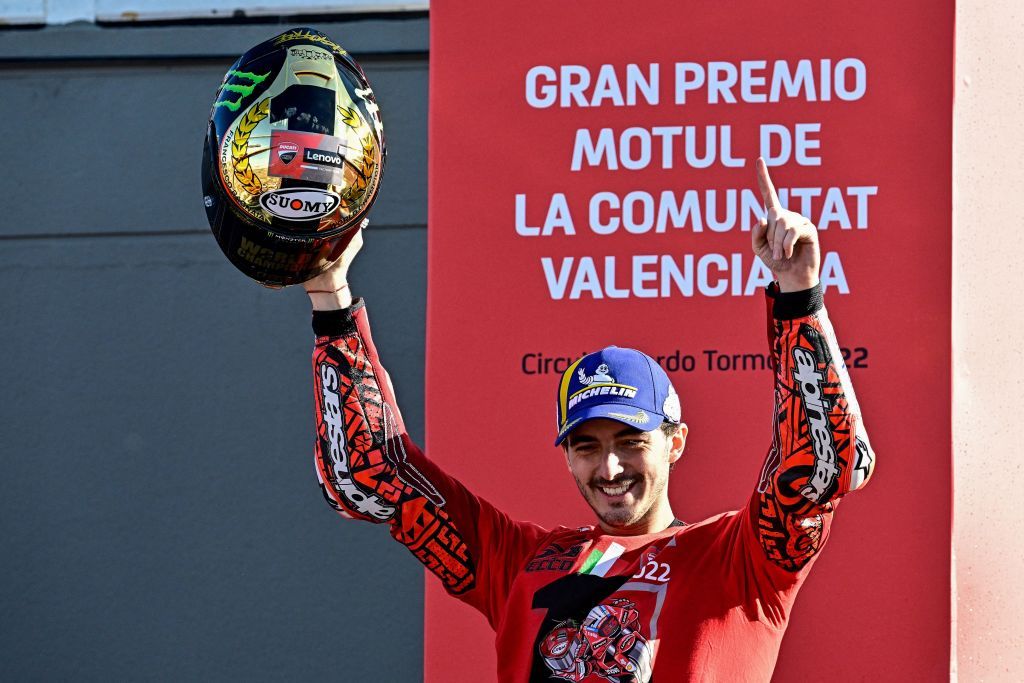 Ducati Italian rider Francesco Bagnaia celebrates as he won the World Championship's title after the Valencia MotoGP Grand Prix race at the Ricardo Tormo racetrack in Cheste, near Valencia, on November 6, 2022. (Photo by JAVIER SORIANO / AFP) (Photo by JAVIER SORIANO/AFP via Getty Images)
