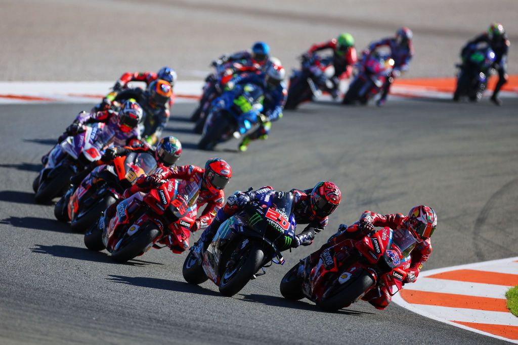 VALENCIA, SPAIN - NOVEMBER 06: Jack Miller of Australia and Ducati Lenovo Team, Fabio Quartararo of France and Monster Energy Yamaha MotoGP, Francesco Bagnaia of Italy and Ducati Lenovo Team, during the race of the Gran Premio Motul de la Comunitat Valenciana at Ricardo Tormo Circuit on November 06, 2022 in Valencia, Spain. (Photo by Eric Alonso/Getty Images)
