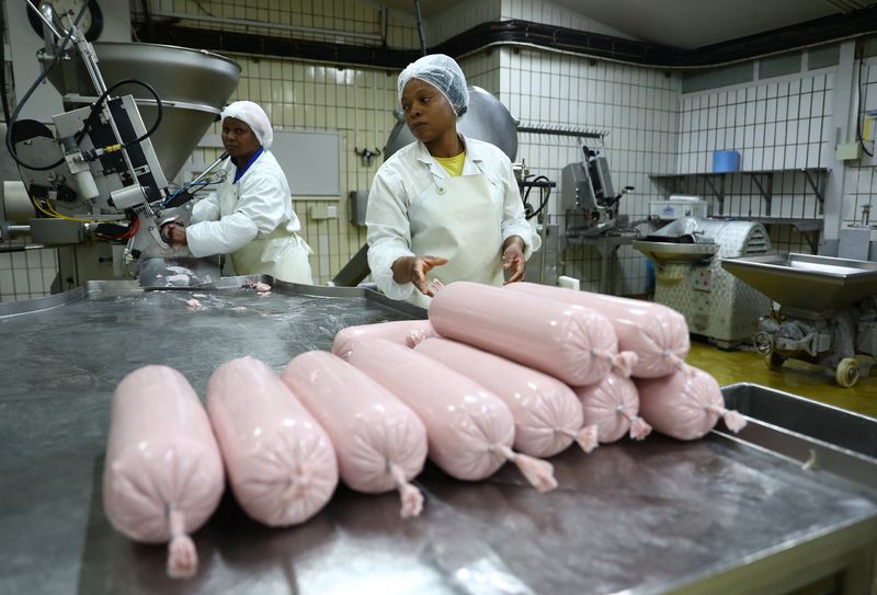 Workers prepare a plant-based polony used as an alternative or meat substitute at meat processor Feinschmecker, in Germiston, in the East Rand region of Johannesburg, South Africa, October 11, 2022. REUTERS/Siphiwe Sibeko