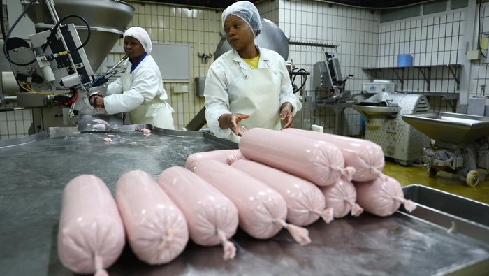 Workers prepare a plant-based polony used as an alternative or meat substitute at meat processor Feinschmecker, in Germiston, in the East Rand region of Johannesburg, South Africa, October 11, 2022. REUTERS/Siphiwe Sibeko