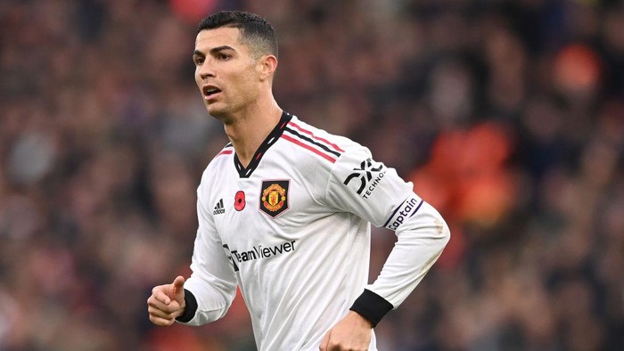 BIRMINGHAM, ENGLAND - NOVEMBER 06: Captain, Cristiano Ronaldo of Manchester United in action during the Premier League match between Aston Villa and Manchester United at Villa Park on November 06, 2022 in Birmingham, England. (Photo by Stu Forster/Getty Images)