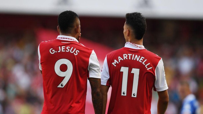 LONDON, ENGLAND - AUGUST 13: (L-R) Gabriel Jesus and Gabriel Martinelli of Arsenal during the Premier League match between Arsenal FC and Leicester City at Emirates Stadium on August 13, 2022 in London, England. (Photo by Stuart MacFarlane/Arsenal FC via Getty Images)