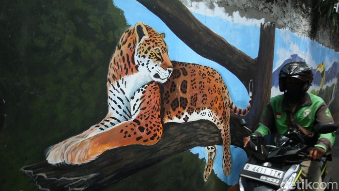 Gang sempit yang berada di Mampang, dipenuhi oleh Mural yang ciamik. mural tersebut bergambarkan hewan serta gambar-gambar khas betawi.