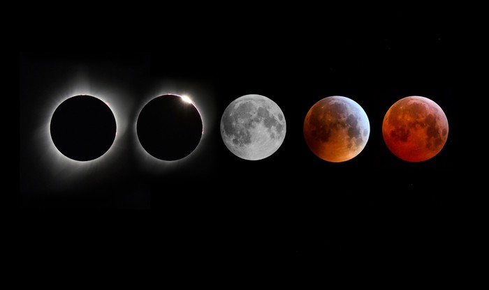 A montage of moon images during a total solar eclipse and a lunar eclipse