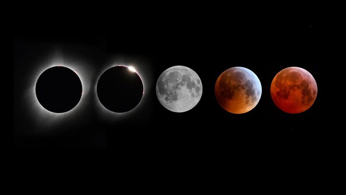 A montage of moon images during a total solar eclipse and a lunar eclipse
