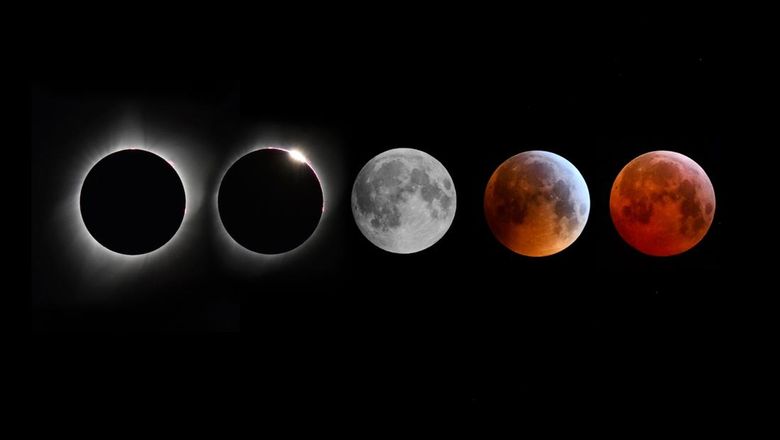 Ilustrasi Jenis Gerhana Bulan A montage of moon images during a total solar eclipse and a lunar eclipse