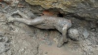 Patung perunggu berusia 2.300 tahun yang baru ditemukan tergeletak di tanah di San Casciano dei Bagni, Italia.
