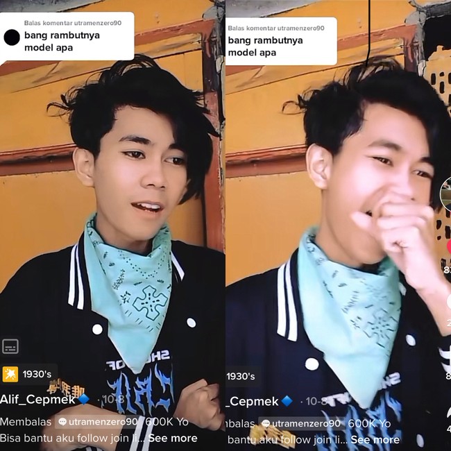 Pria dengan jargon Ente kadang-kadang ente itu juga mempopulerkan gaya potongan rambut cepmek alias cepak mekar. Dia mengungkapkan hal itu saat netizen bertanya soal model rambutnya. Biar aku kasih tahu ya, rambut model aku itu model cepmek ya. Kalian tahu model cepmek itu apa? Cepak mekar ya. Buat kamu yang mau potong rambut bilang saja model cepmek ya, balas Alif. Foto: Dok. TikTok @alif_cepmek.