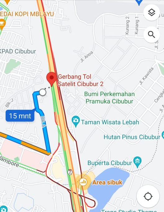Google Maps arus lalin di kawasan Cibubur memperlihatkan kemacetan parah