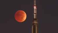 Dari langit New York, AS, gerhana bulan total tampak megah saat disandingkan dengan gedung Empire State.