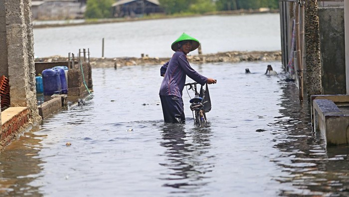 Warga menerobos genangan banjir rob atau air laut pasang merendam Desa Eretan Wetan, Kandanghaur, Indramayu, Jawa Barat, Rabu (9/11/2022). Banjir rob dampak gerhana bulan itu mengakibatkan puluhan rumah warga di pesisir pantai terendam setinggi 60-90 cm. ANTARA FOTO/Dedhez Anggara/YU