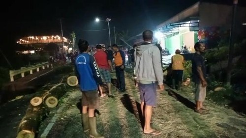 Petugas dan warga saat melakukan pembersihan di jalur Denpasar-Gilimanuk, Desa Perean, Kecamatan Baturiti usai pohon Trembesi tumbang dan membuat separuh badan jalan amblas pada Rabu (9/11/2022) petang