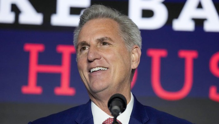 House Minority Leader Kevin McCarthy of Calif., speaks at an election event, early Wednesday, Nov. 9, 2022, in Washington. (AP Photo/Alex Brandon)