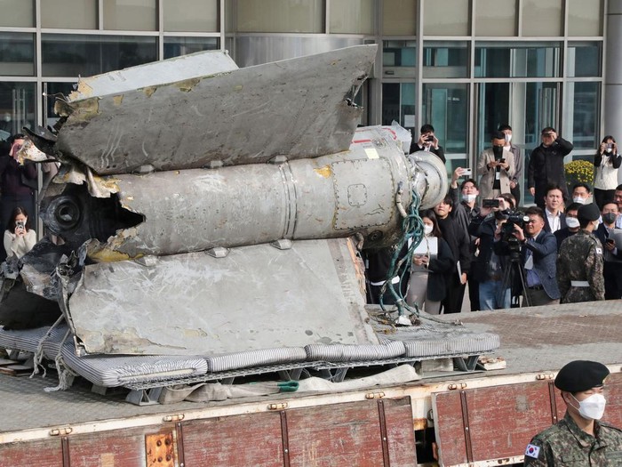 Debris of a North Korean missile salvaged from South Korean waters that was identified as parts of a Soviet-era SA-5 surface-to-air missile is seen at the Defense Ministry in Seoul, South Korea, November 9, 2022. Yonhap via REUTERS