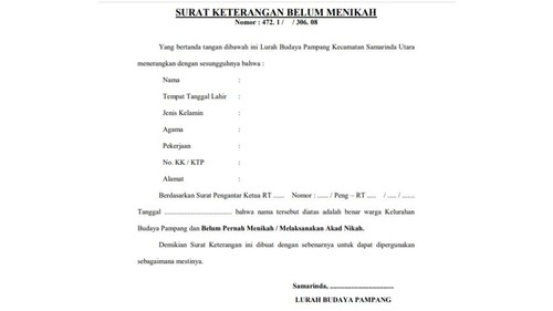 Contoh surat keterangan belum menikah.