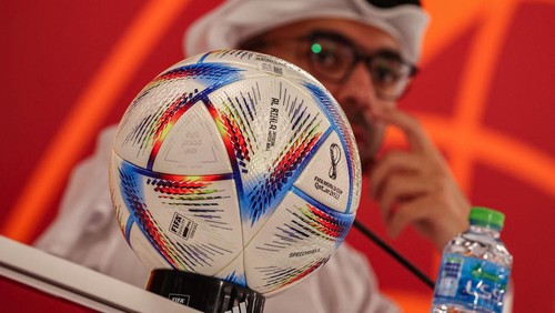 Al-Rihla, which means the journey in Arabic, the official match ball for the FIFA World Cup Qatar 2022, is displayed during a press conference by Qatars Supreme Committee for Delivery & Legacy giving readiness updates on the tournament in Doha on November 3, 2022. (Photo by KARIM JAAFAR / AFP) (Photo by KARIM JAAFAR/AFP via Getty Images)