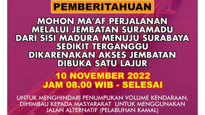 Akan ada pemecahan rekor Muri di Jembatan Suramadu, Kamis (10/11/2022). Sehingga arah Madura-Surabaya hanya dibuka Satu Lajur.