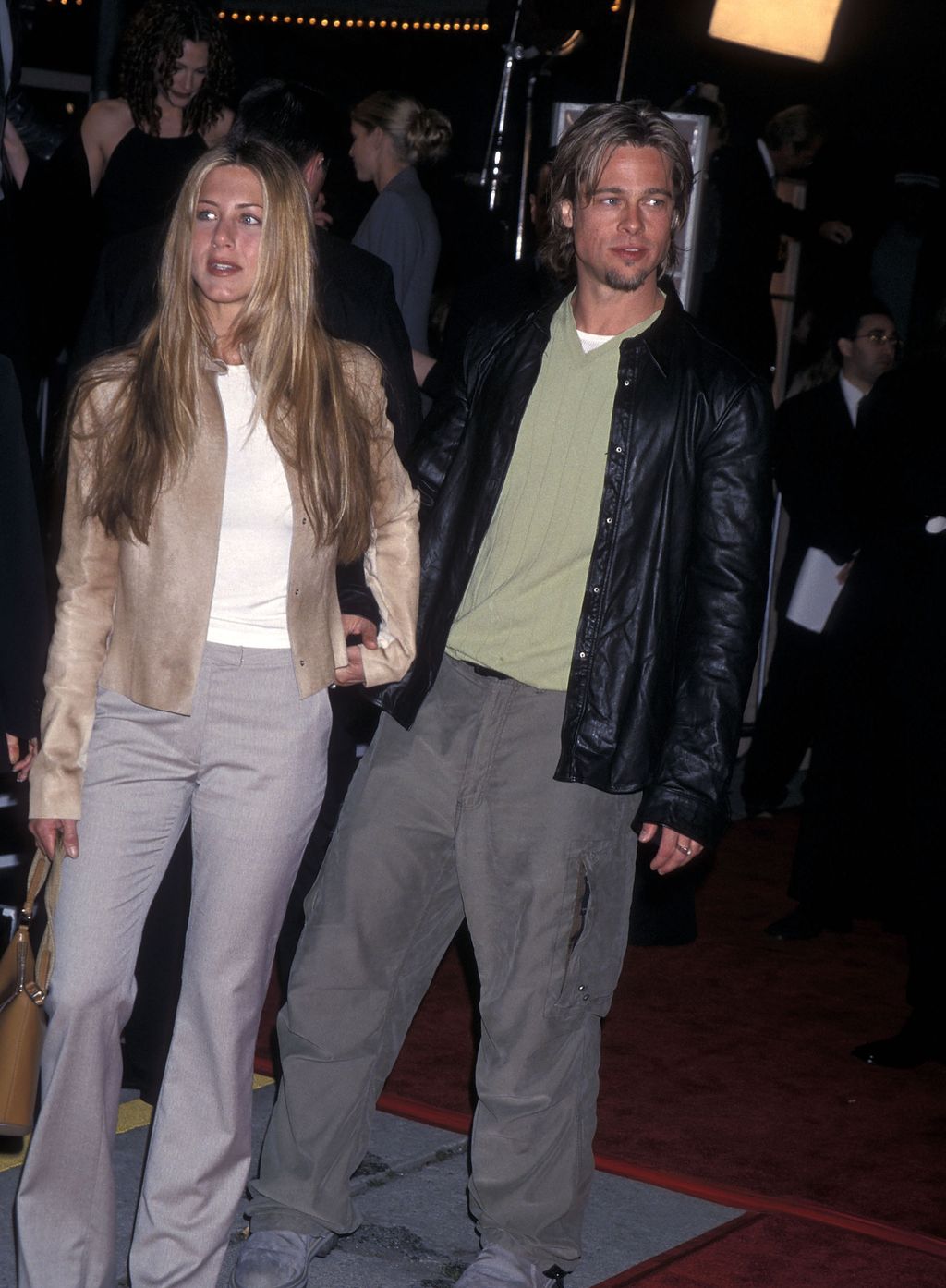 Jennifer Aniston Actress Jennifer Aniston and actor Brad Pitt attend the 'Erin Brockovich' Westwood Premiere on March 14, 2000 at Mann Village Theatre in Westwood, California. (Photo by Ron Galella, Ltd./Ron Galella Collection via Getty Images)
