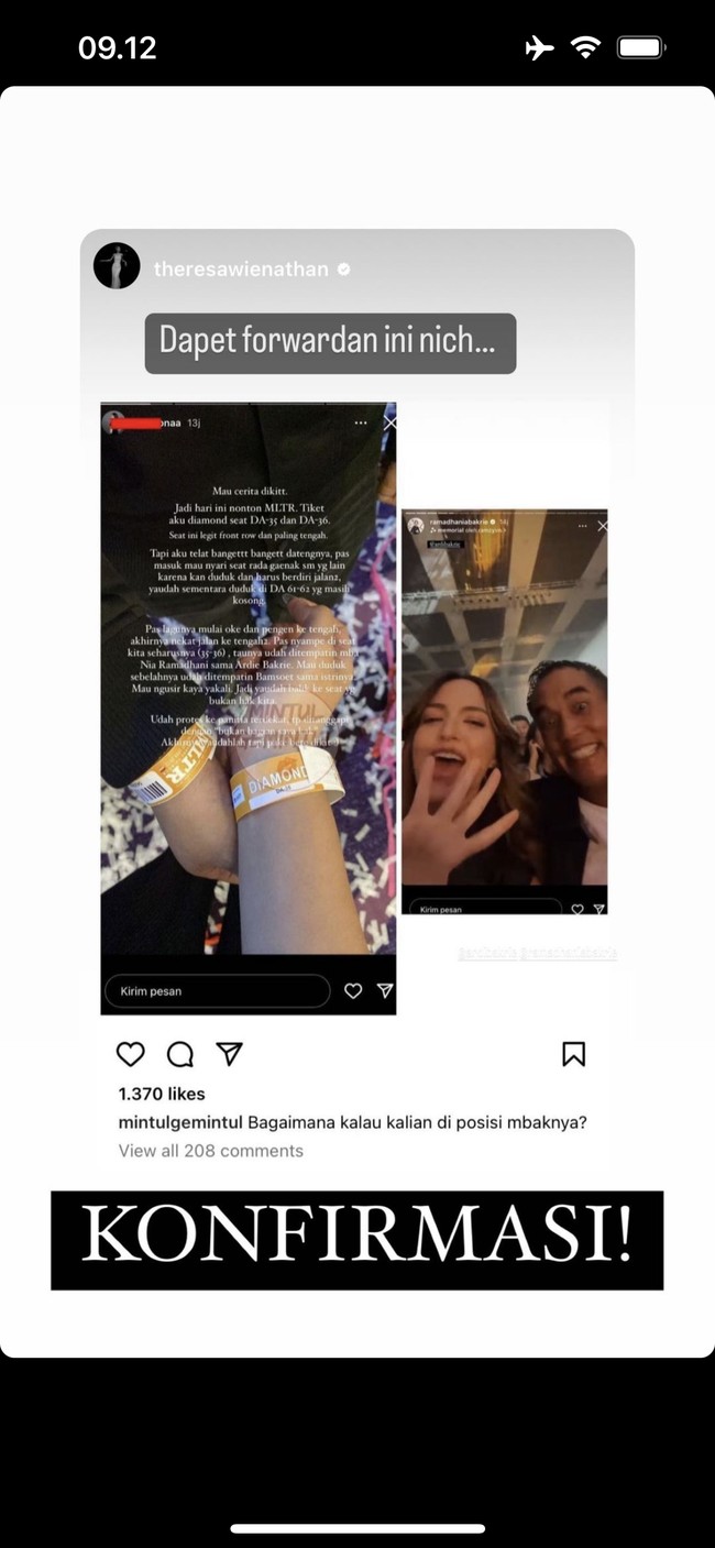 Seusai menonton konser MLTR rupanya Nia Ramadhani mendapat komplain dari salah satu penonton lain. Komplain itu disampaikan oleh penonton yang bersangkutan melalui Instagram Storynya dan menjadi viral. Sampai akhirnya Nia Ramadhani pun ikut mengunggah ulang komplain dari penonton lain tersebut dan memberikan penjelasannya. Foto: Instagram/@ramadhaniabakrie