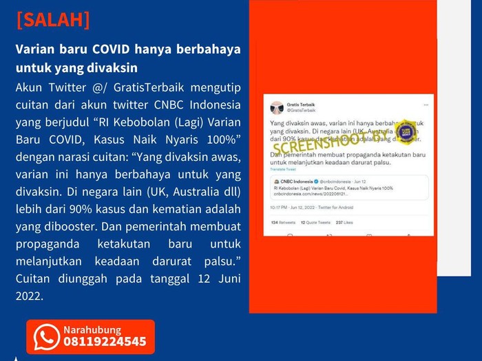 Postingan akun Twitter @kominfodiy tentang informasi salah soal COVID-19 yang diunggah pada Kamis (10/11/2022) pagi.